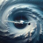 An airplane flying through a swirling hurricane vortex
