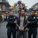 A man in a colorful jacket being escorted by police during a parade