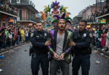 Ex-Cop INTERCEPTED Loading Assault Rifles—Shocking Target… A man in a colorful jacket being escorted by police during a parade