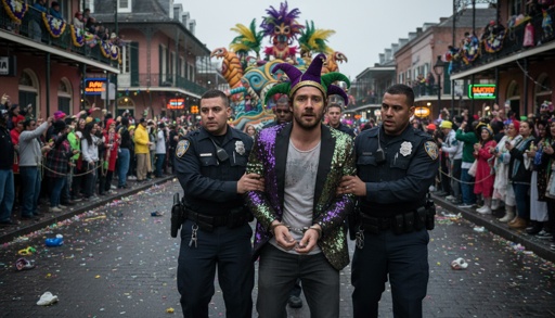 shutterstock_2740055547.jpg A man in a colorful jacket being escorted by police during a parade