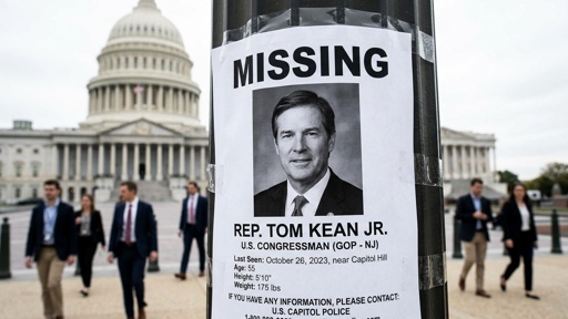 shutterstock_2771130355.jpg Missing person poster for Rep. Tom Kean Jr. displayed near Capitol Hill