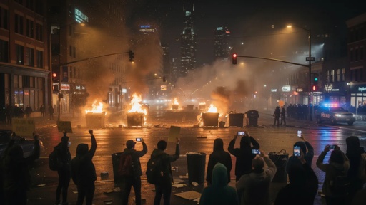 A nighttime protest scene with fires and people holding phones