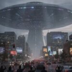 NEVER-SEEN UFO Files DROPPED — FBI Involved… A large UFO hovering over a city street with people looking up in awe