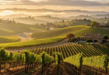 Sour Grapes: Trump-Wine FEUD Boils Over… A picturesque vineyard landscape at sunset with rolling hills and a farmhouse