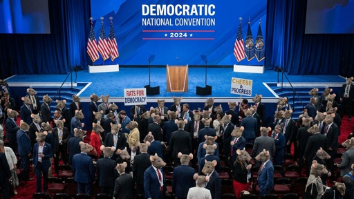Dnc,Convention,But,They,All,Have,Heads,Of,Rats Crowd at a political convention wearing rat masks and holding signs