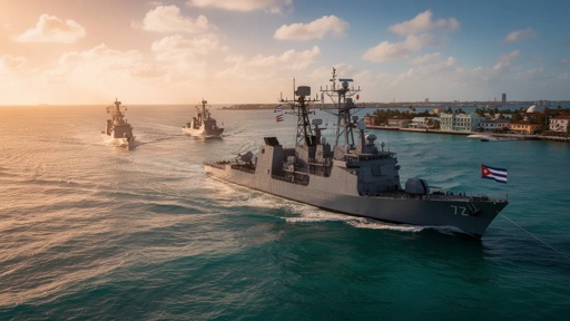 shutterstock_2783107009.jpg A naval fleet of ships sailing in the ocean with a Cuban flag visible