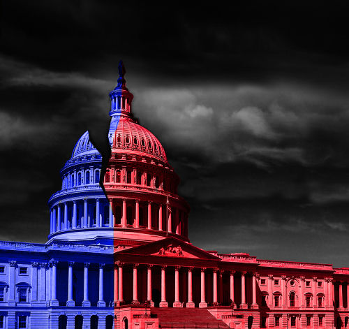 shutterstock_1530690050 United States Capitol split into blue and red halves