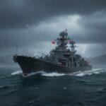 Russia’s Nuclear Battlecruiser Returns to the Front Line A military ship navigating through a stormy sea with dark clouds and lightning