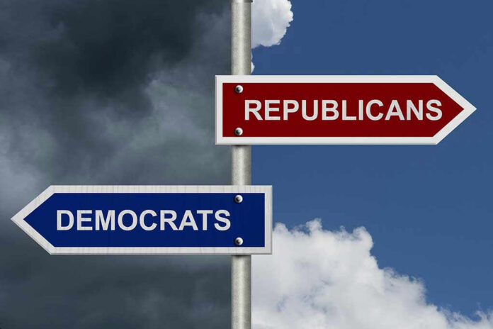 161023688 Street signs pointing to Democrats and Republicans direction.