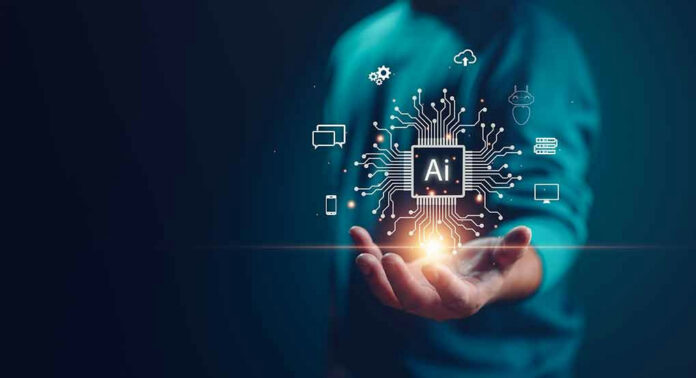 2263545623 Person holding AI technology symbols in hand.