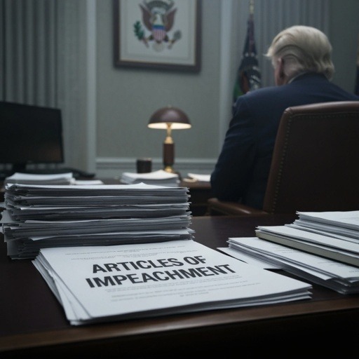 shutterstock_2704625175_edited.jpeg A stack of documents labeled 'Articles of Impeachment' on a desk in a government office
