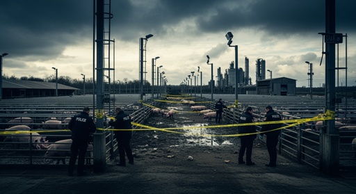 Ominous,Looking,Industrial,Pig,Farm,With,Authorities,Putting,It,Under Police officers investigating a farm area with pigs and caution tape