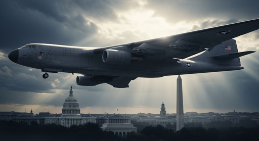 Military aircraft flying over Washington D.C. with iconic landmarks in view