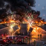 Firefighters battling a large industrial fire with explosions and smoke