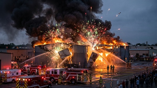 A,Fireworks,Warehou,On,Fire,Exploding,Tragic Firefighters battling a large industrial fire with explosions and smoke
