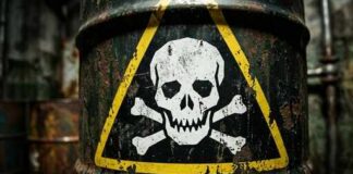 A rusty barrel with a skull and crossbones warning sign