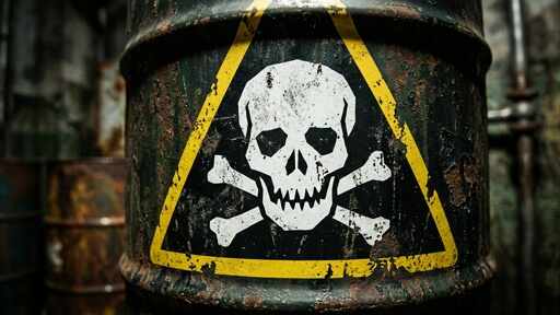 Poison,Symbol,Menacing A rusty barrel with a skull and crossbones warning sign
