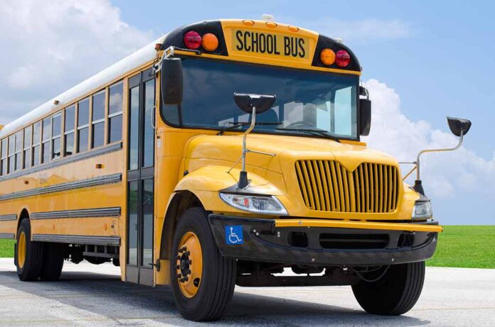 Yellow school bus on road under cloudy sky.