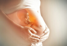 Pregnant woman with illustrated baby inside womb.