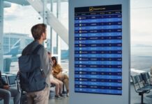 Person viewing flight departure board in busy airport terminal.