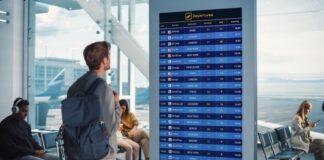 Person viewing flight departure board in busy airport terminal.