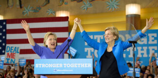 Hillary Clinton and Elizabeth Warren at a campaign rally.