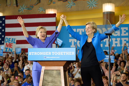 Hillary Clinton and Elizabeth Warren at a campaign rally.