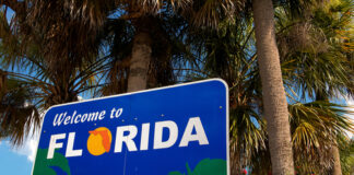 Welcome to Florida sign with palm trees background.